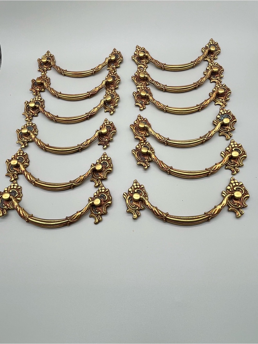 Vintage Keeler Brass Co. French provincial drop handle drawer pulls. Style N2378